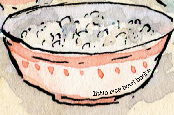 Illustration of a pink bowl with rice, labeled 'little rice bowl books'.